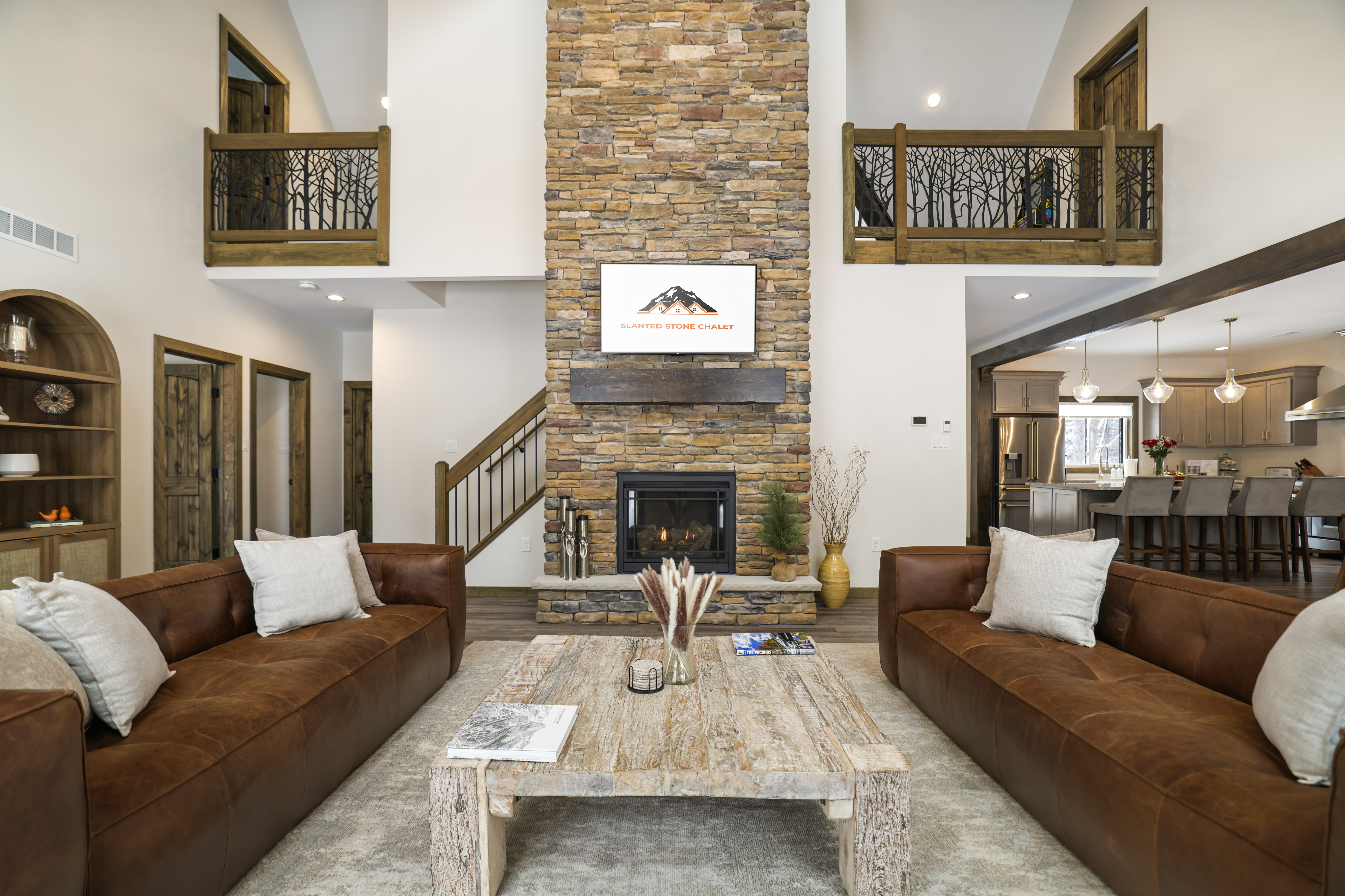 Great room with stone fireplace